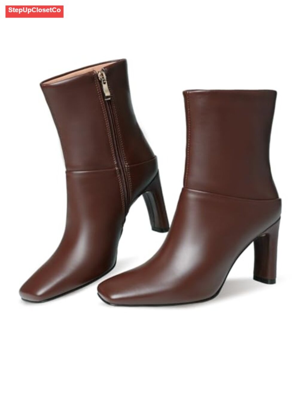 Faux Leather Ankle Boots Square Toe Side Zipper High Heel Booties